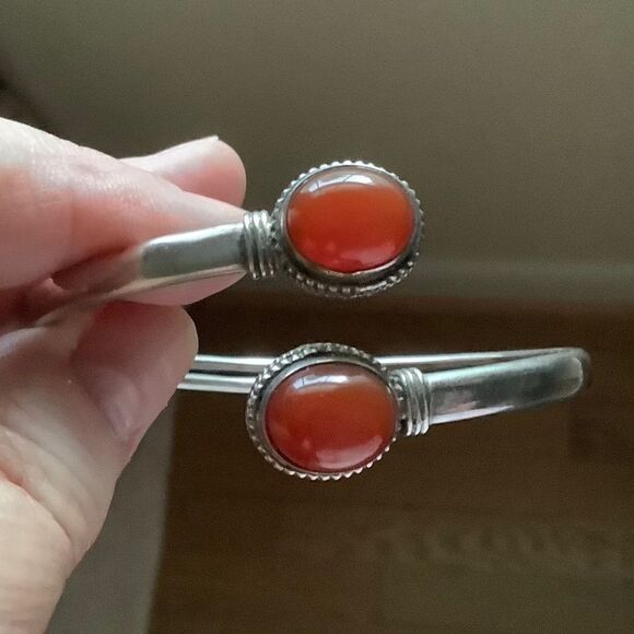 STERLING SILVER 925 RED CARNELIAN BANGLE WOMAN BRACELET - Picture 4 of 11